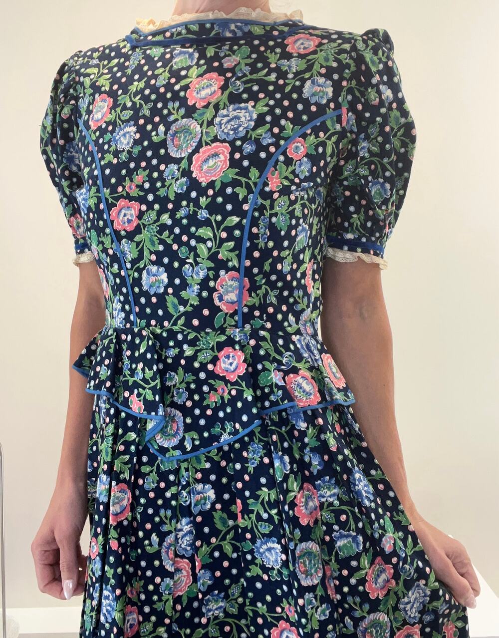 1980s Vintage Midi Dress Peplum Hem Black Polka Dot Floral Size Small JL